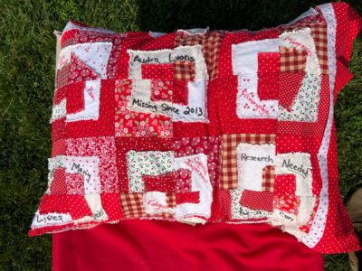 A red pillowcase with quilted fabric on it