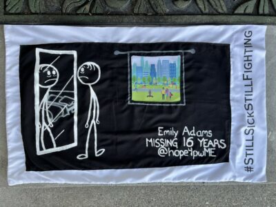 A drawing of a stick figure looking into a mirror. A window shows a colorful drawing of a group of people and a cityscape. Emily Misiing 16 years @hope4pwME